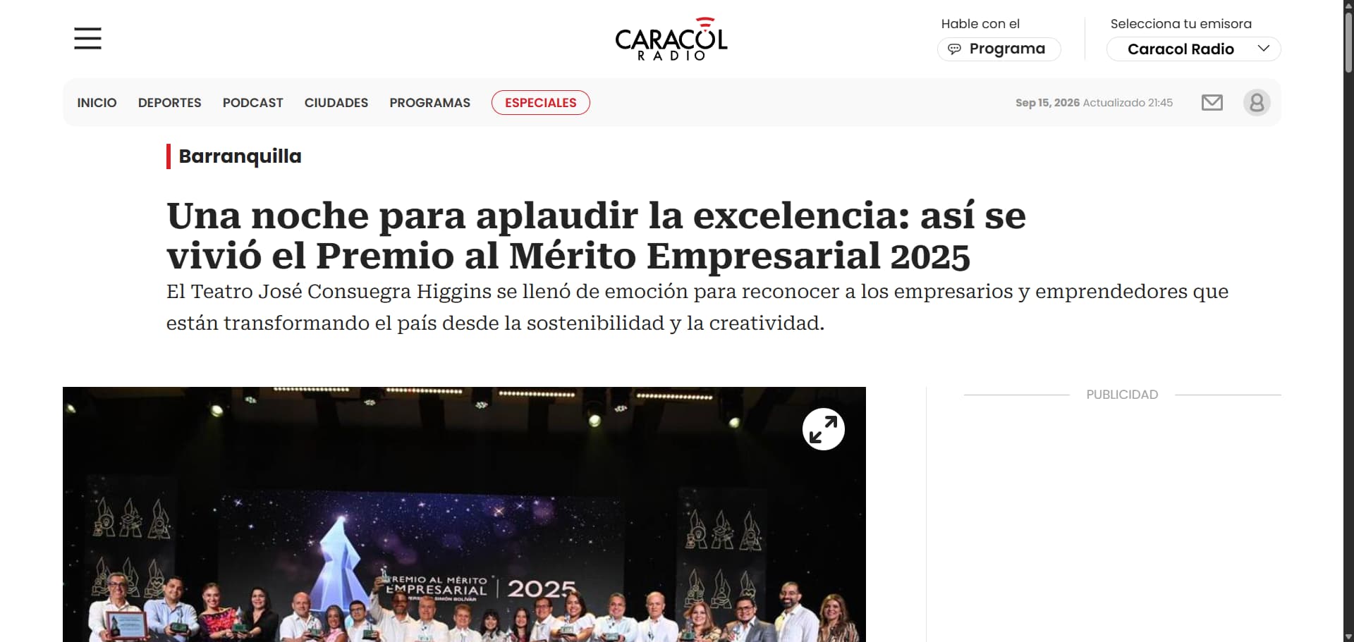 Captura de la nota: Una noche para aplaudir la excelencia