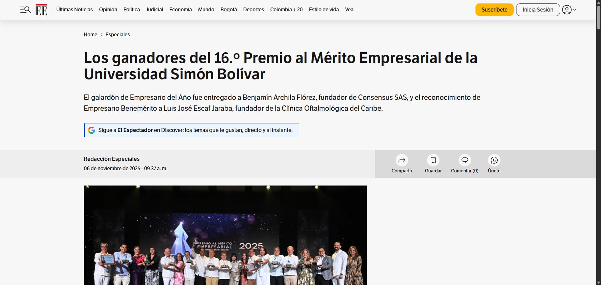 Captura de la nota: Los ganadores del 16º Premio al Mérito Empresarial