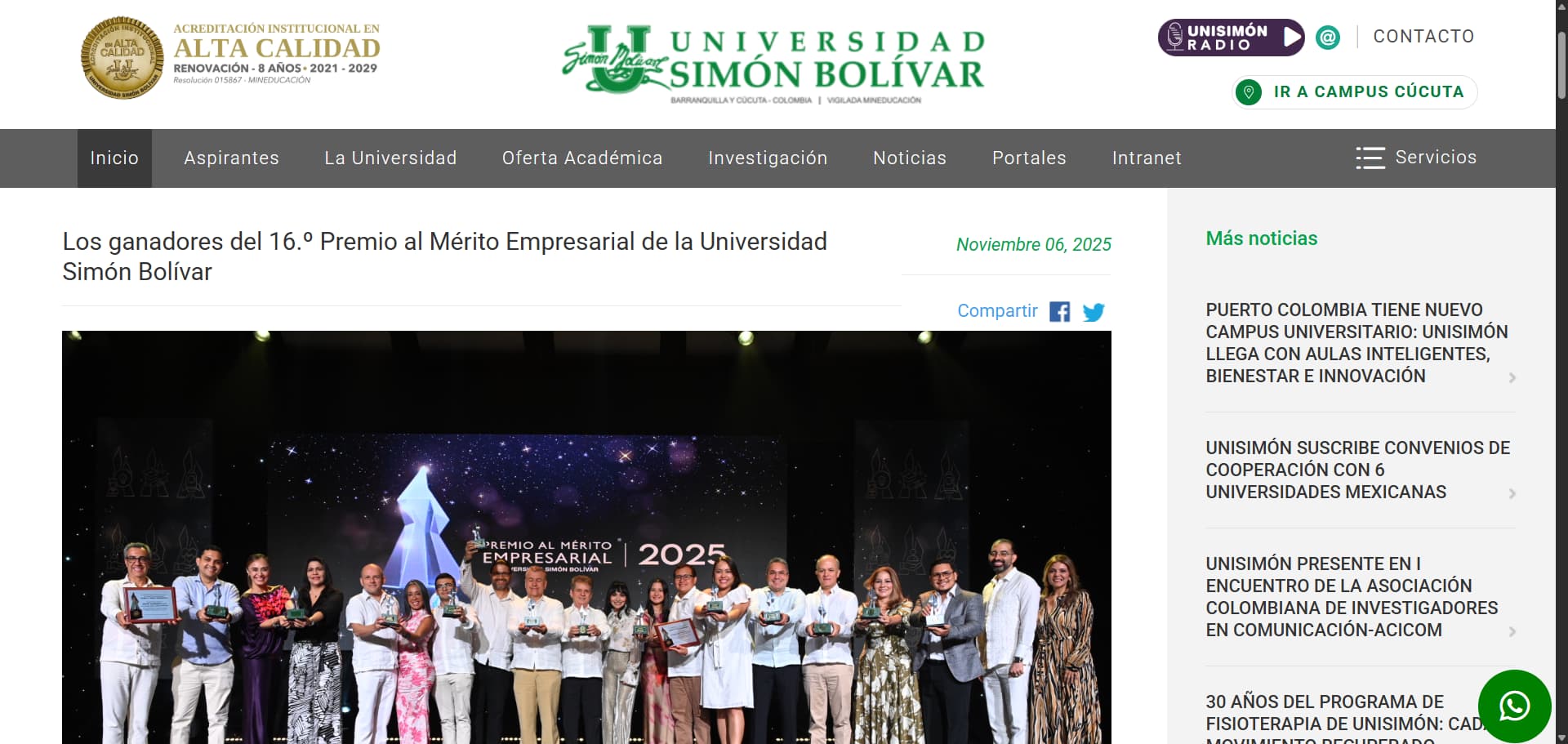 Captura de la nota: Premio al Mérito Empresarial 2025 — ganador